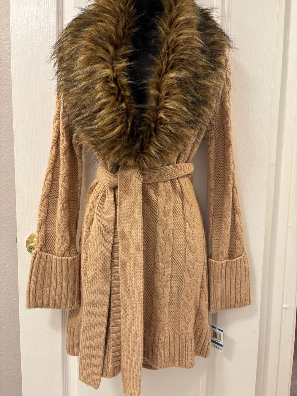 NWT INC International Concepts Camel Cable-Knit Wrap Cardigan Faux Fur Collar